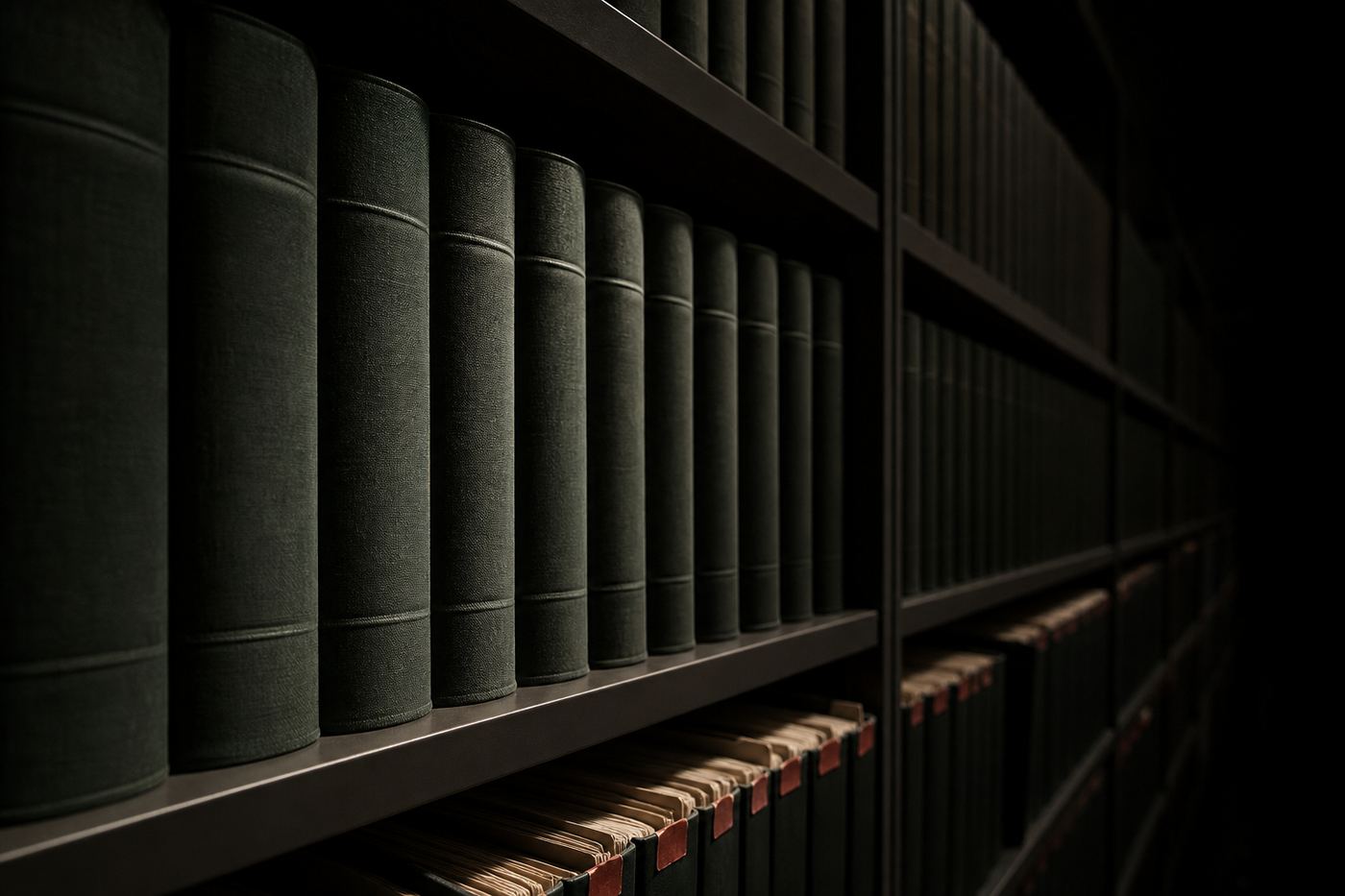 Dark archive shelves with bound files receding into shadow